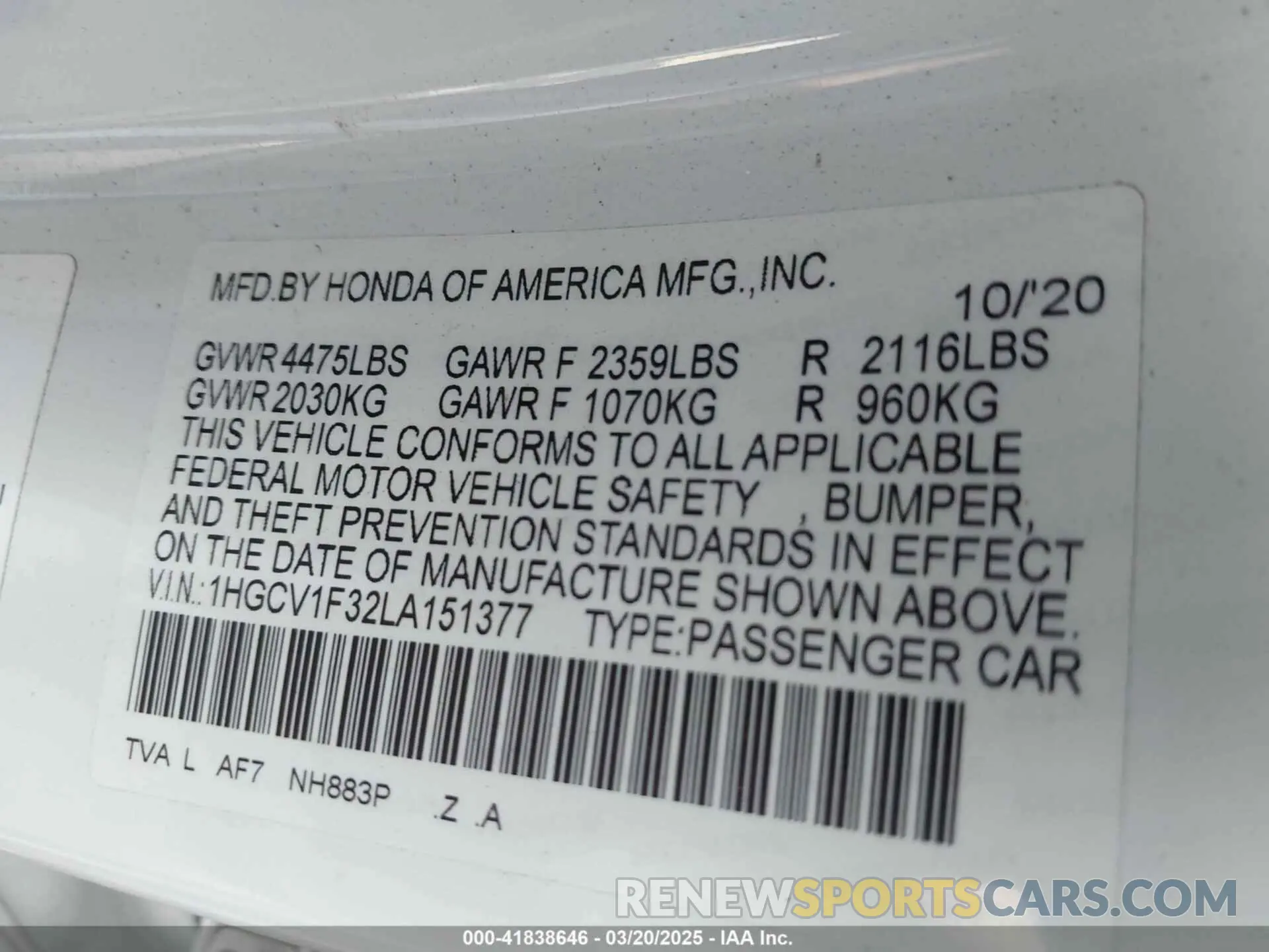 9 fotografías del automóvil dañado 1HGCV1F32LA151377 HONDA ACCORD 2020
