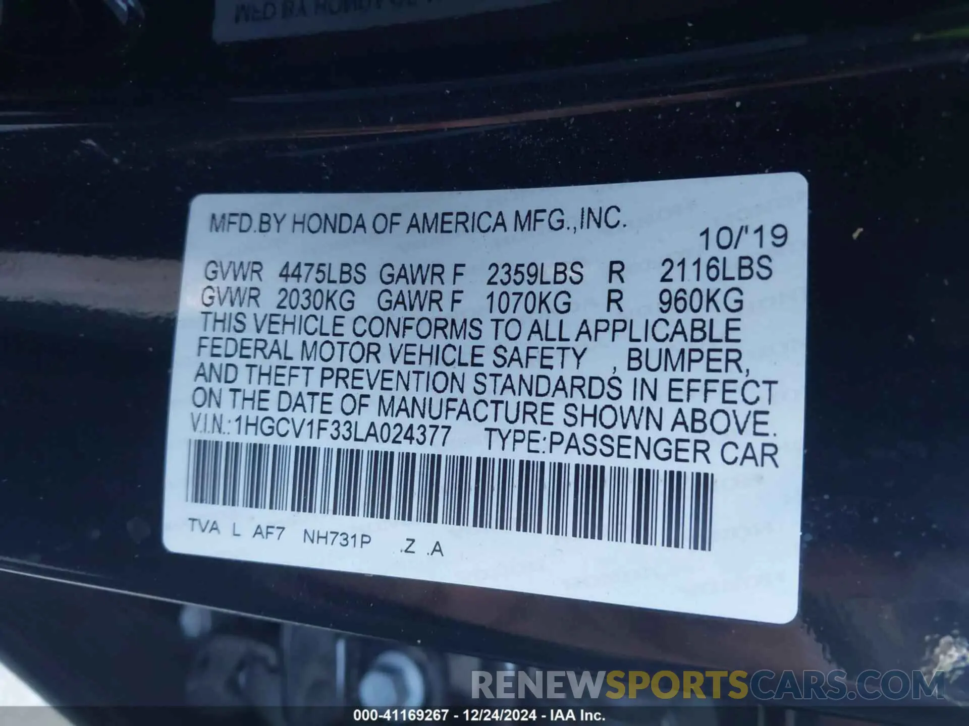 9 fotografías del automóvil dañado 1HGCV1F33LA024377 HONDA ACCORD 2020