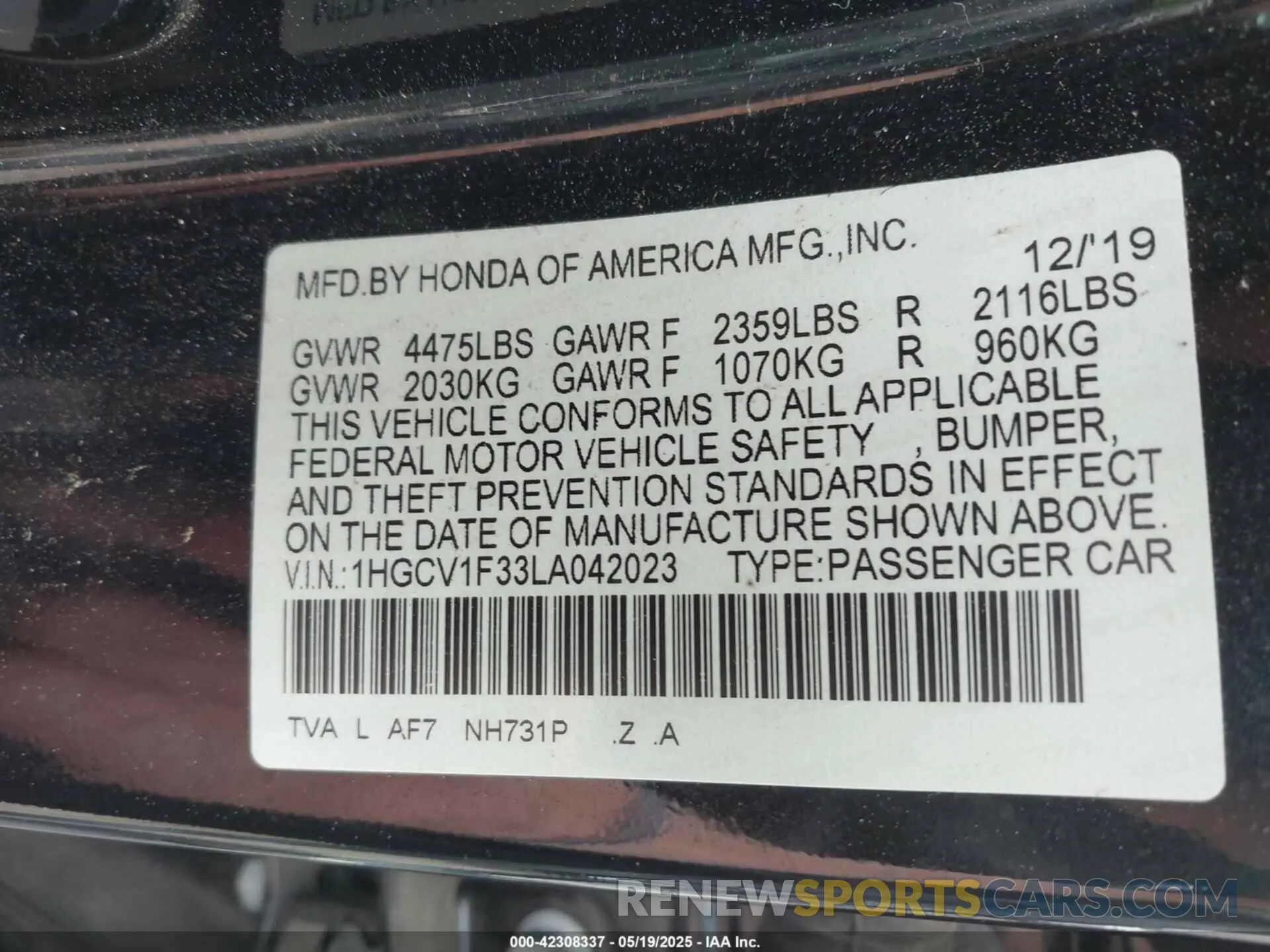 9 fotografías del automóvil dañado 1HGCV1F33LA042023 HONDA ACCORD 2020