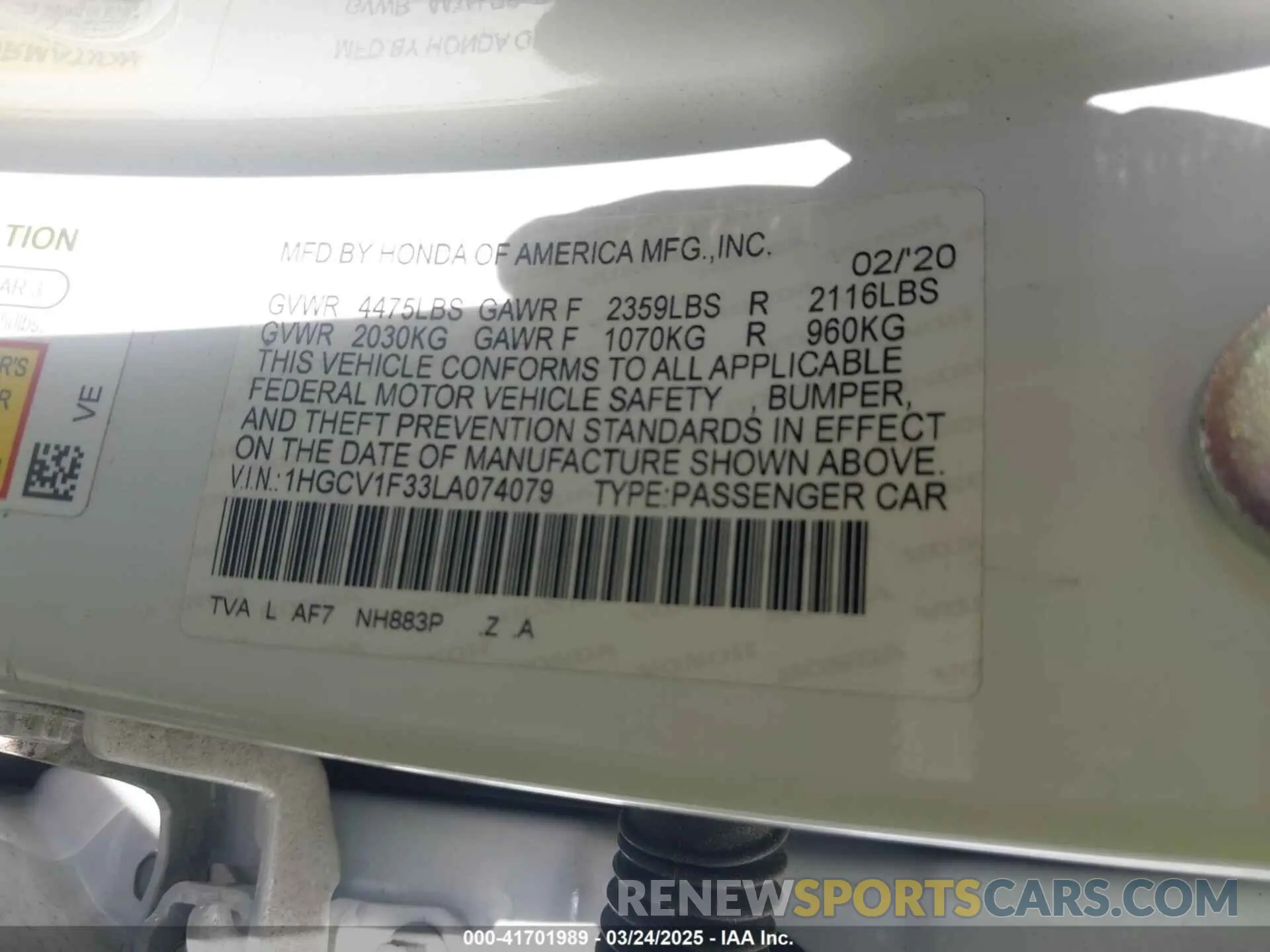 9 fotografías del automóvil dañado 1HGCV1F33LA074079 HONDA ACCORD 2020
