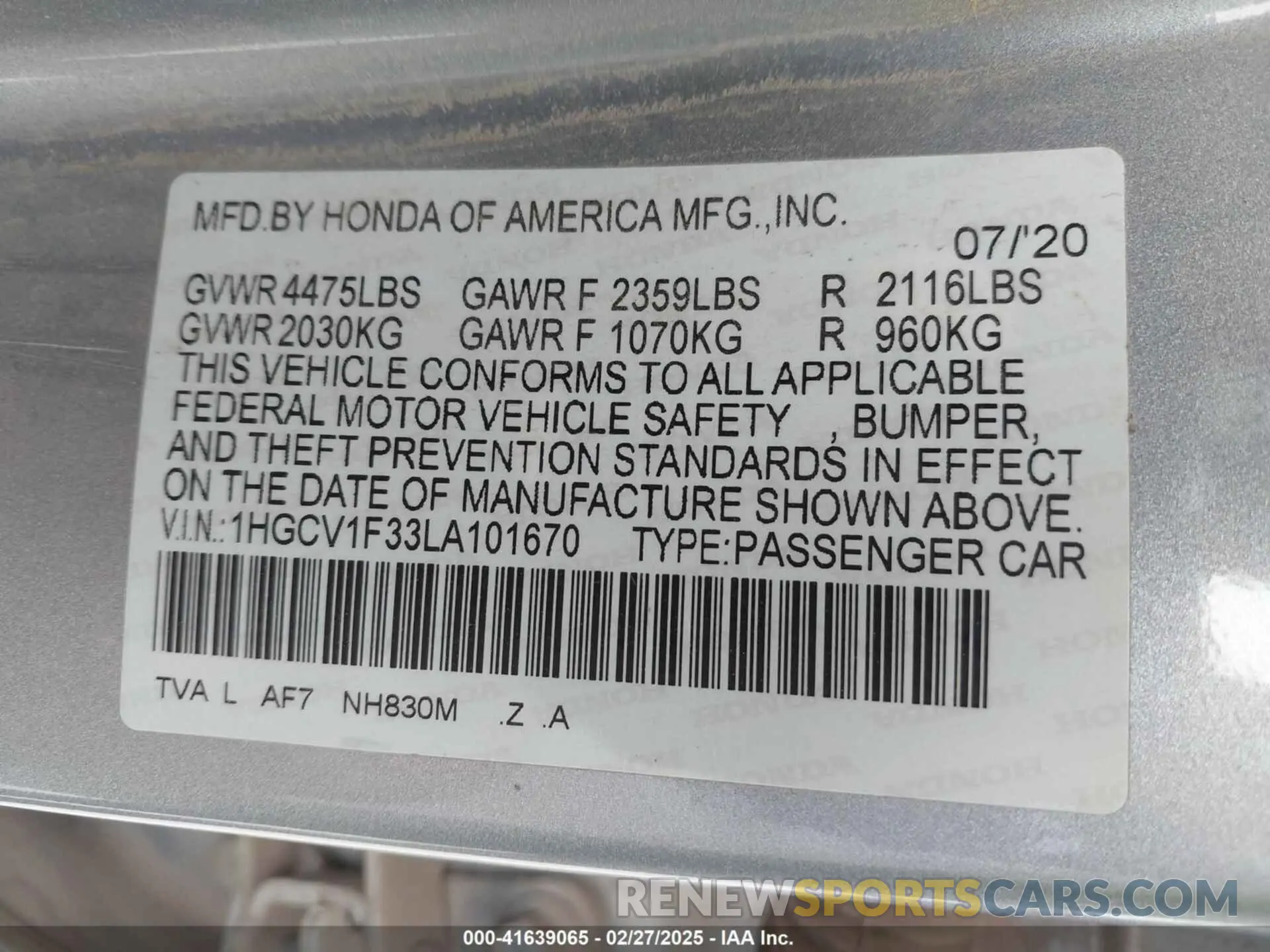 9 fotografías del automóvil dañado 1HGCV1F33LA101670 HONDA ACCORD 2020