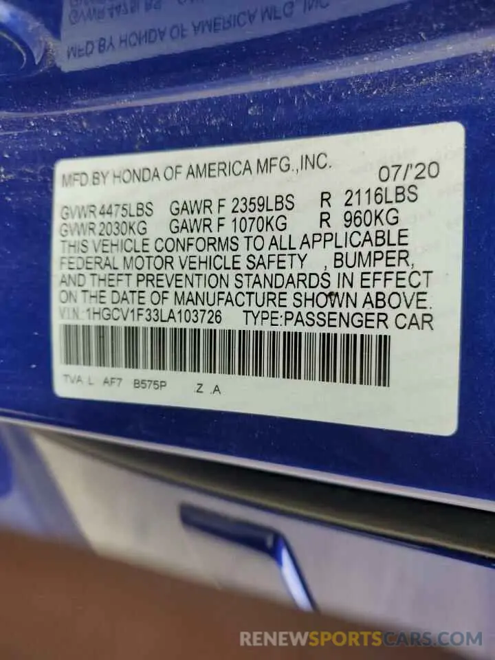 12 fotografías del automóvil dañado 1HGCV1F33LA103726 HONDA ACCORD 2020