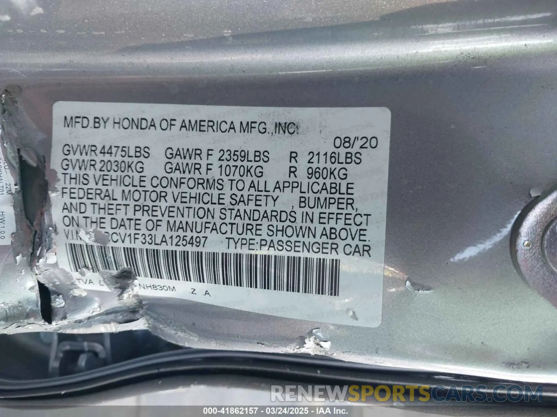 9 fotografías del automóvil dañado 1HGCV1F33LA125497 HONDA ACCORD 2020