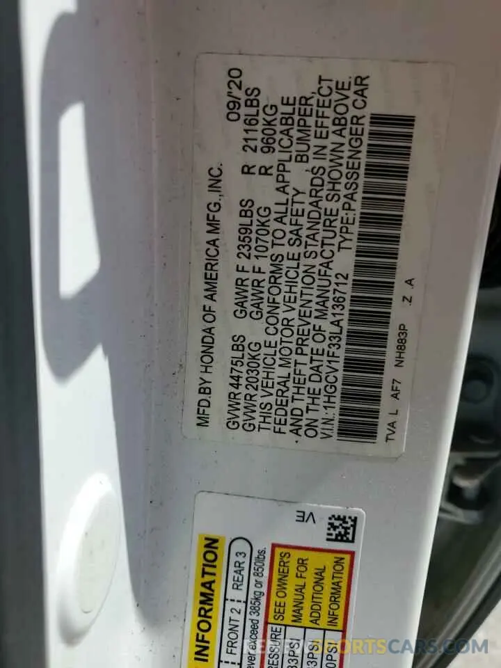 13 fotografías del automóvil dañado 1HGCV1F33LA136712 HONDA ACCORD 2020