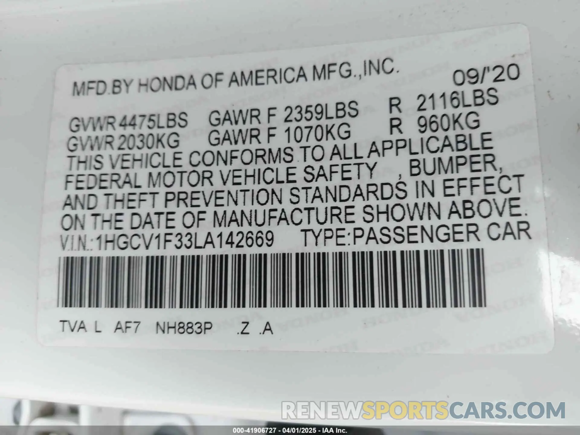 9 fotografías del automóvil dañado 1HGCV1F33LA142669 HONDA ACCORD 2020