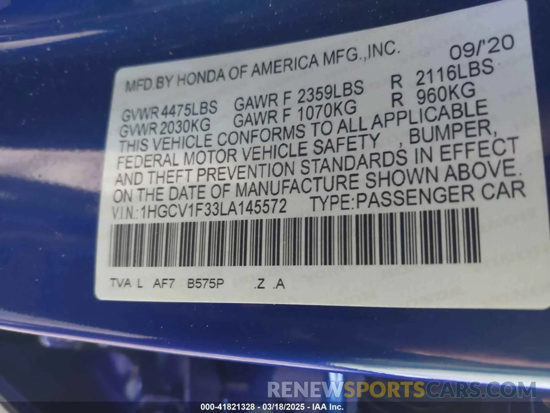 9 fotografías del automóvil dañado 1HGCV1F33LA145572 HONDA ACCORD 2020