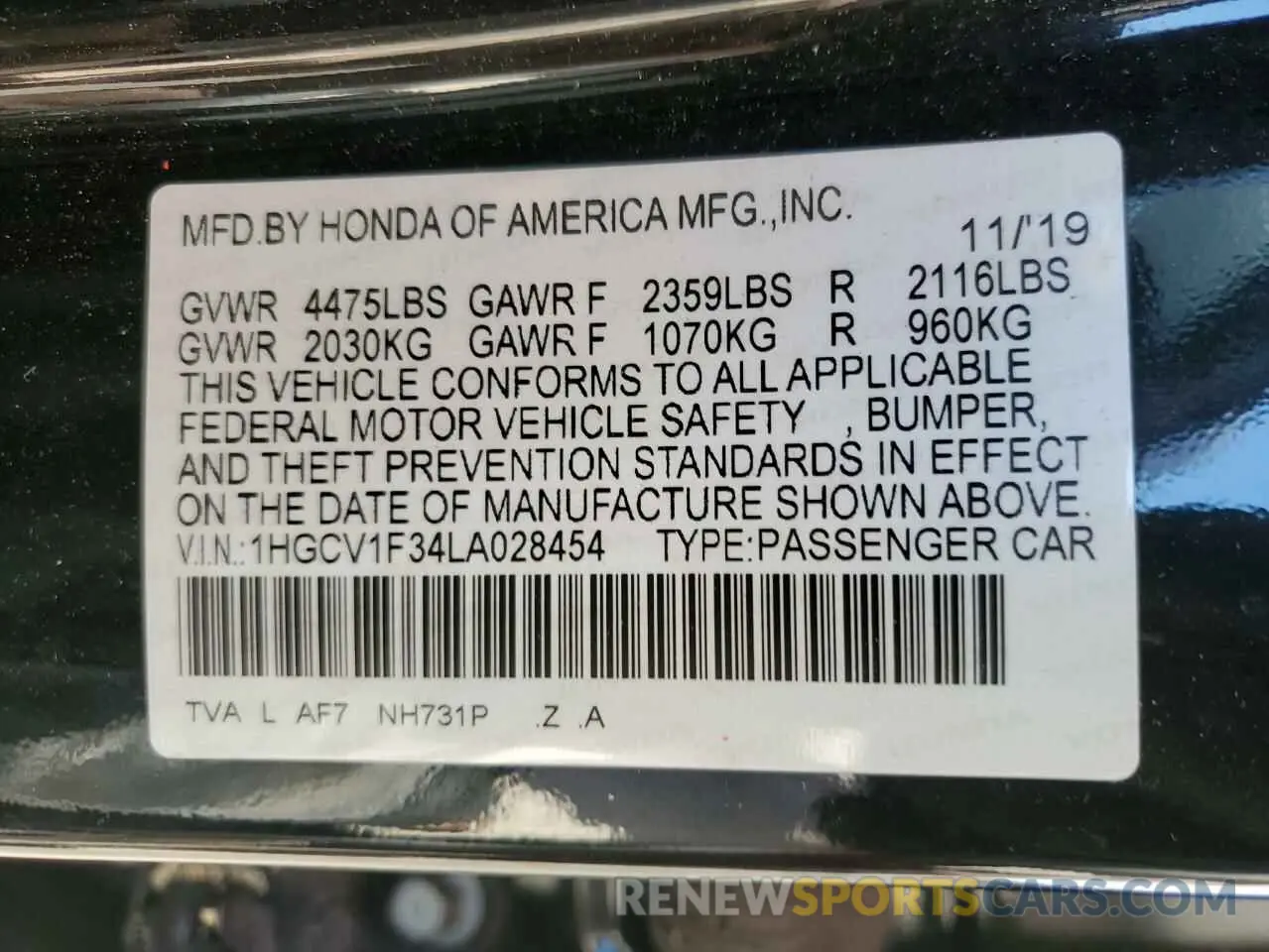 12 fotografías del automóvil dañado 1HGCV1F34LA028454 HONDA ACCORD 2020