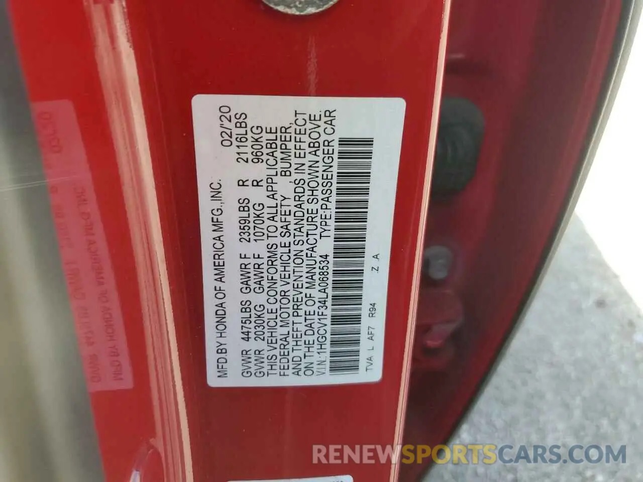 12 fotografías del automóvil dañado 1HGCV1F34LA068534 HONDA ACCORD 2020