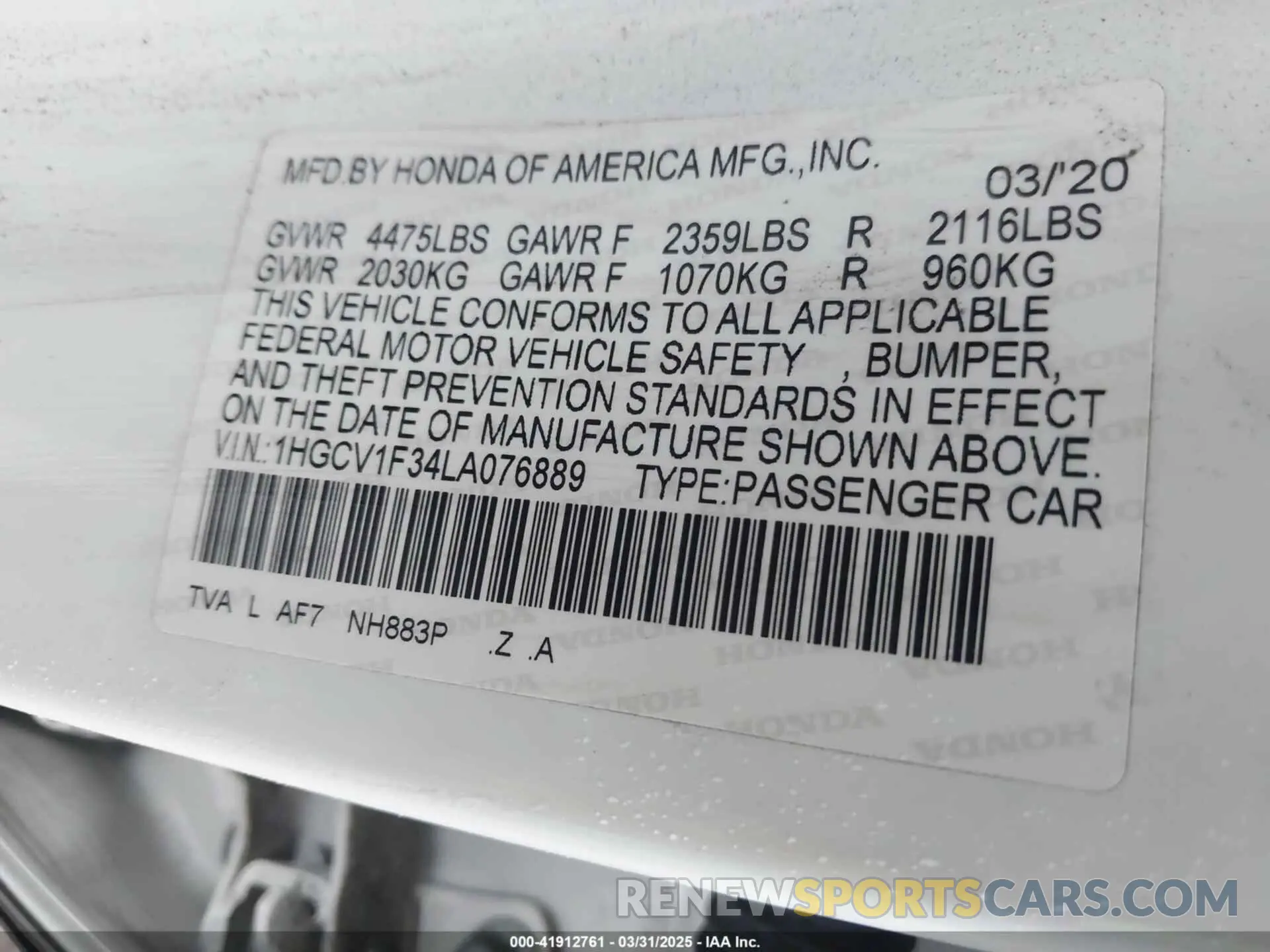 9 fotografías del automóvil dañado 1HGCV1F34LA076889 HONDA ACCORD 2020