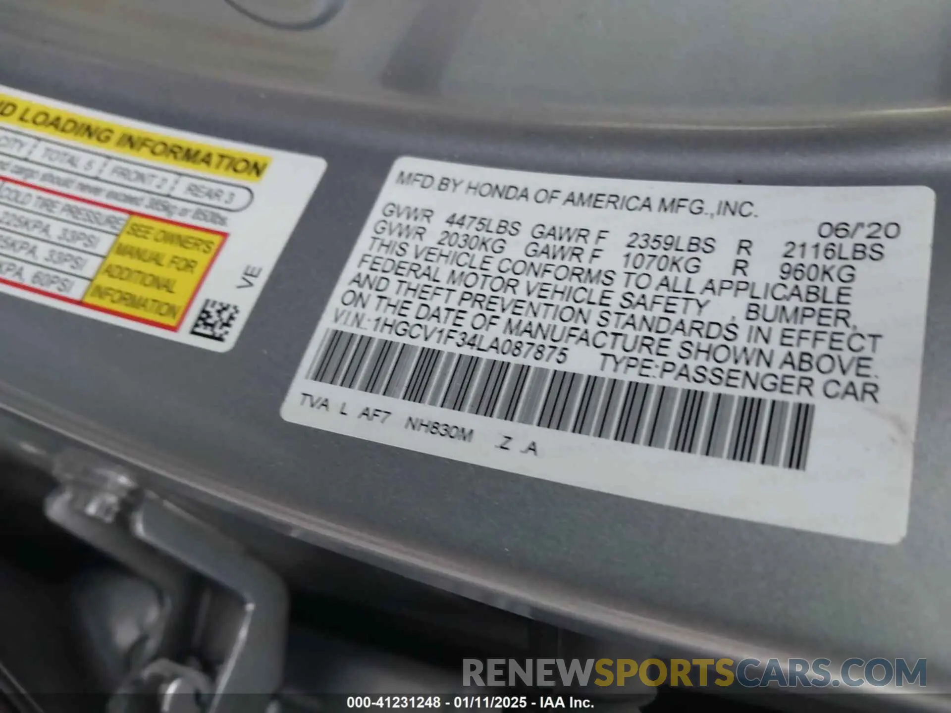 9 fotografías del automóvil dañado 1HGCV1F34LA087875 HONDA ACCORD 2020
