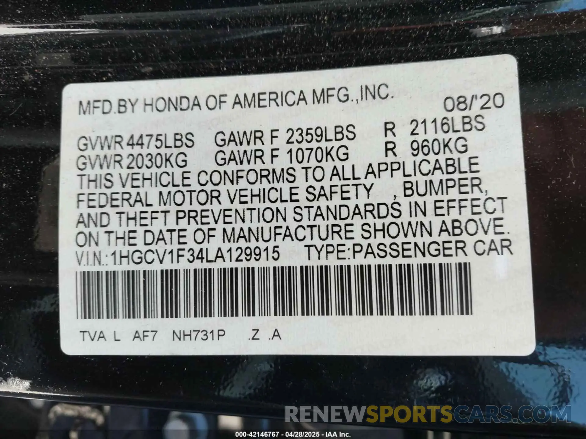 9 fotografías del automóvil dañado 1HGCV1F34LA129915 HONDA ACCORD 2020