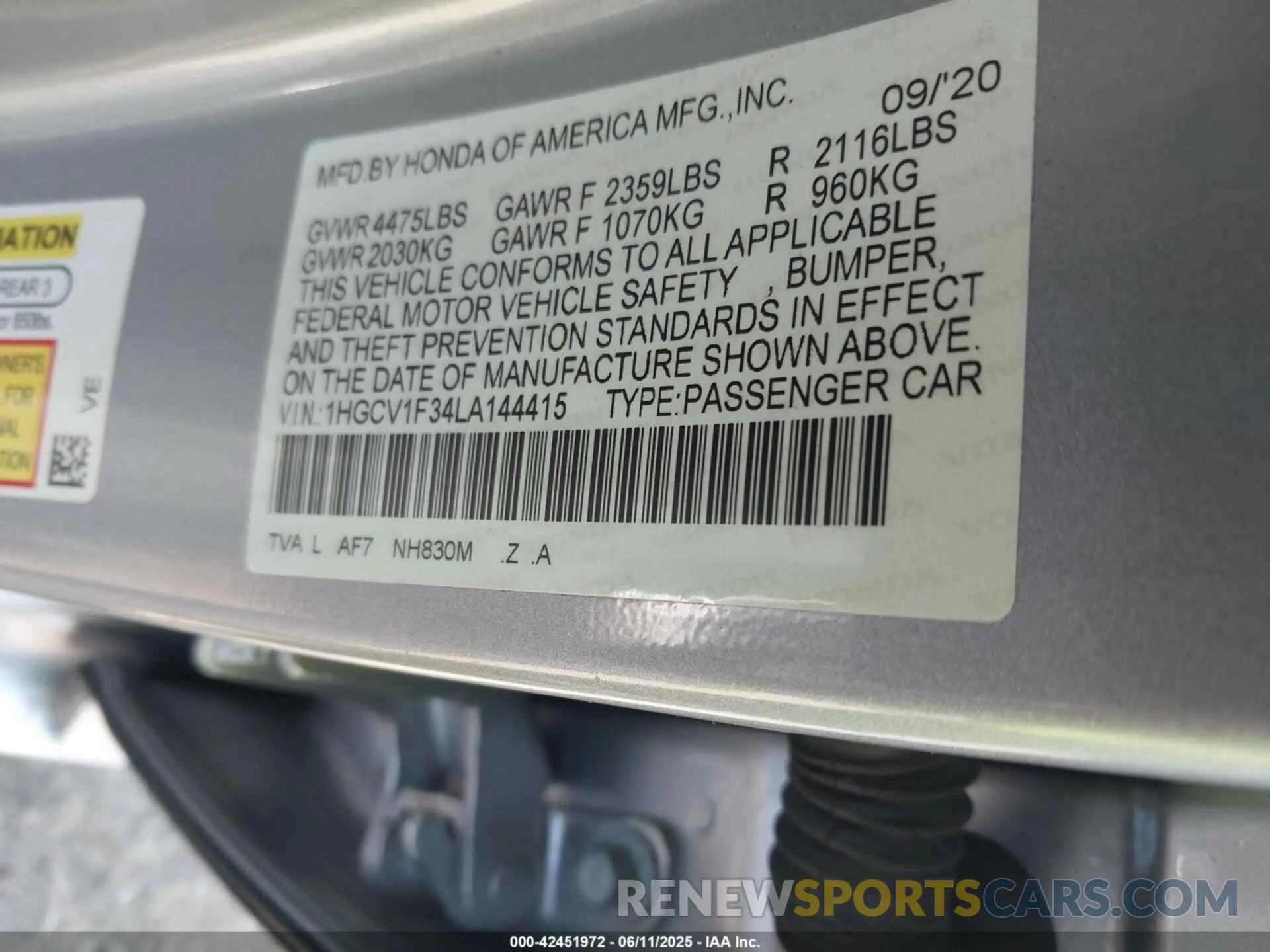 9 fotografías del automóvil dañado 1HGCV1F34LA144415 HONDA ACCORD 2020
