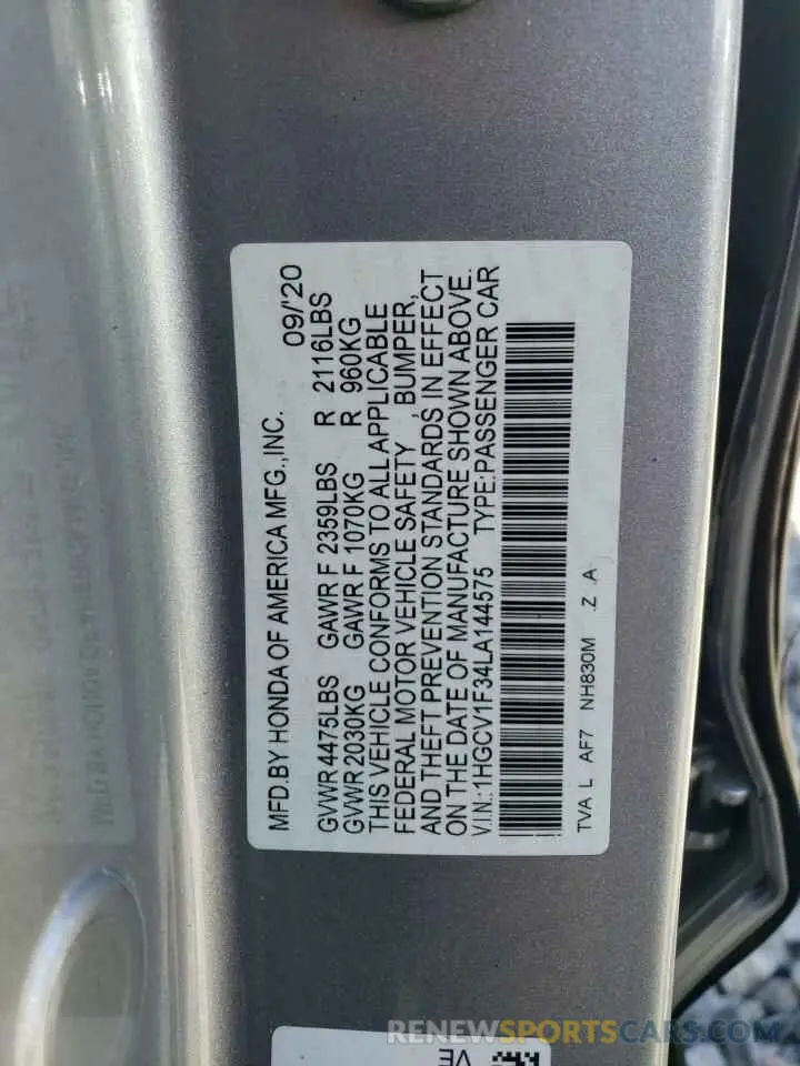12 fotografías del automóvil dañado 1HGCV1F34LA144575 HONDA ACCORD 2020