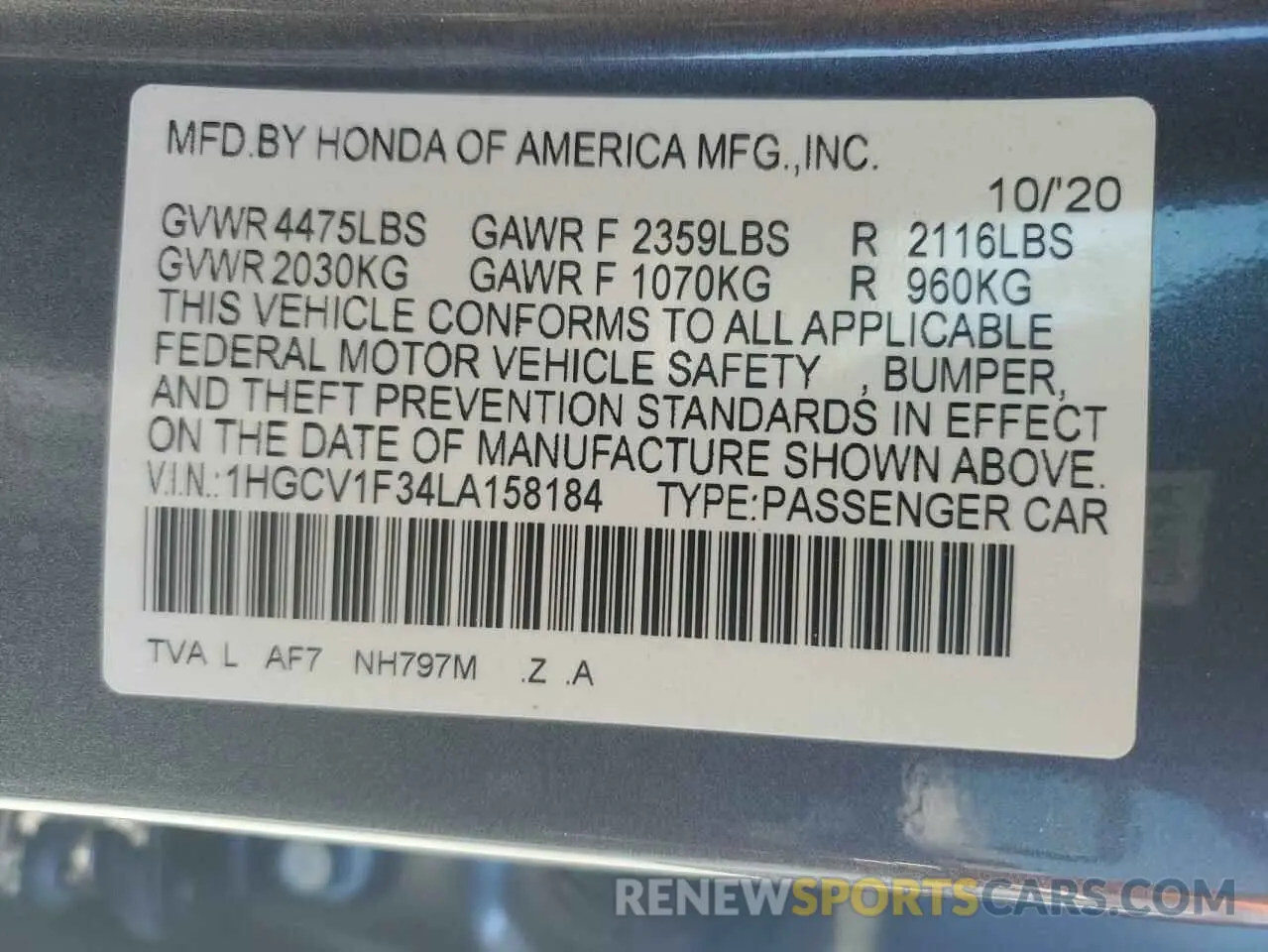 12 fotografías del automóvil dañado 1HGCV1F34LA158184 HONDA ACCORD 2020