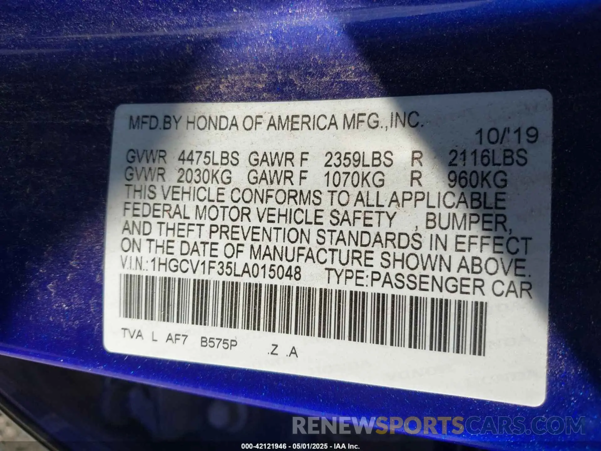 9 fotografías del automóvil dañado 1HGCV1F35LA015048 HONDA ACCORD 2020