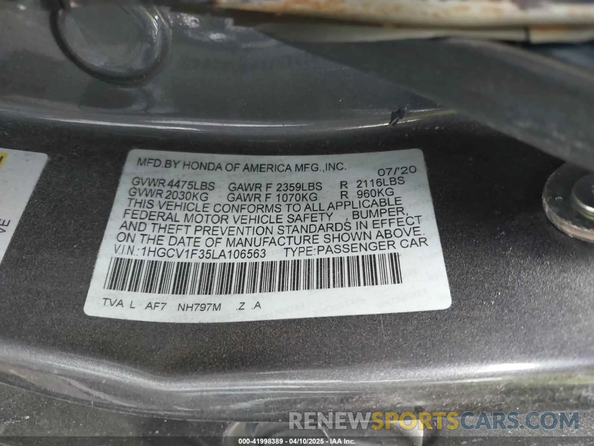 9 fotografías del automóvil dañado 1HGCV1F35LA106563 HONDA ACCORD 2020