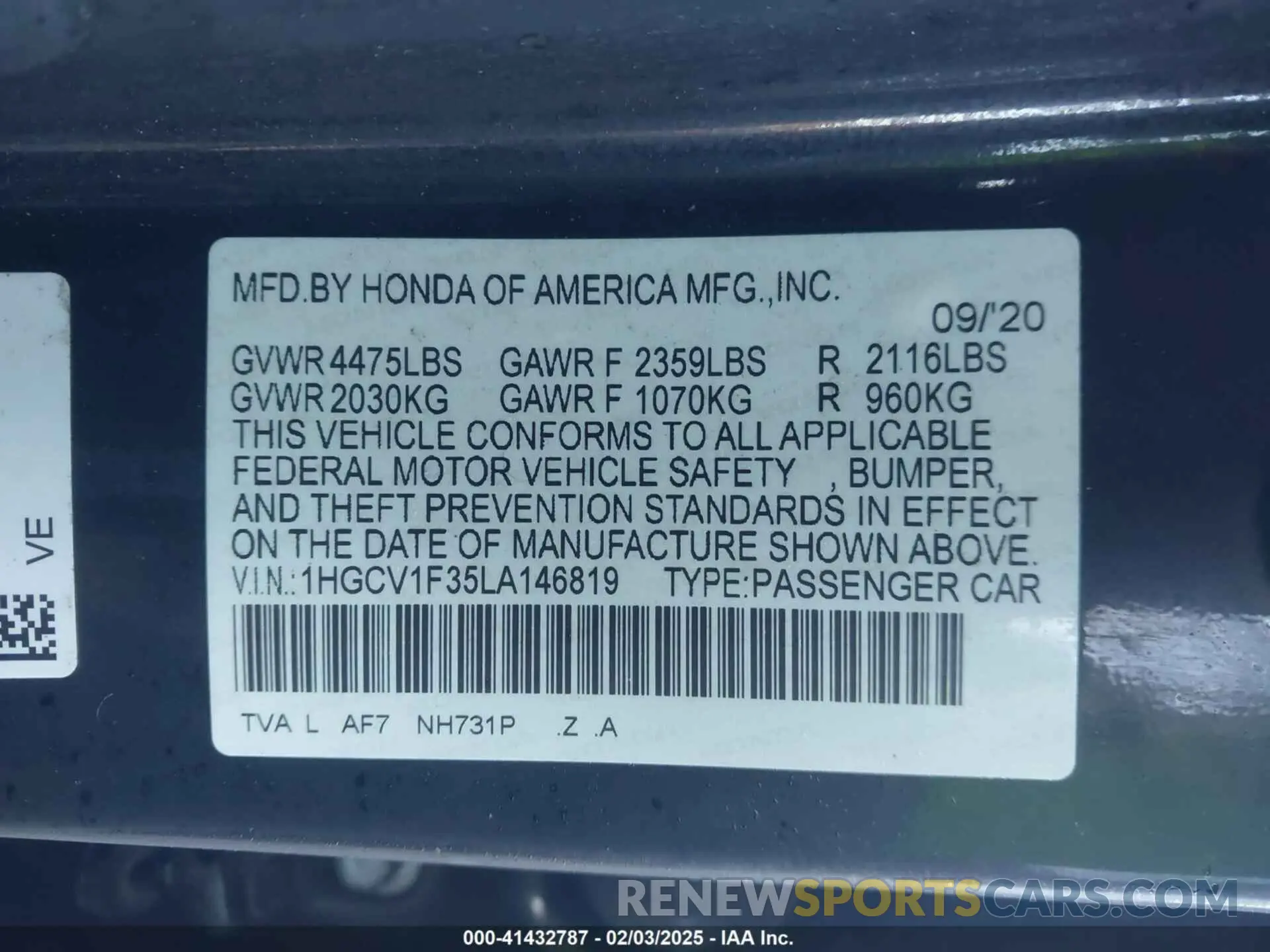 9 fotografías del automóvil dañado 1HGCV1F35LA146819 HONDA ACCORD 2020