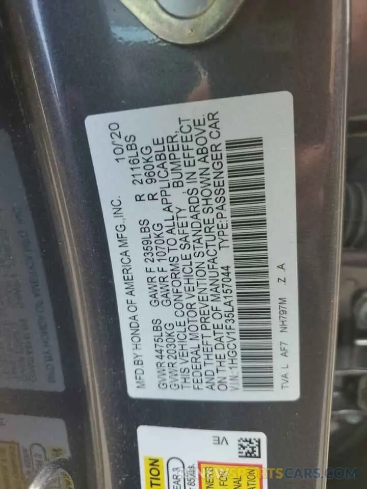 12 fotografías del automóvil dañado 1HGCV1F35LA157044 HONDA ACCORD 2020
