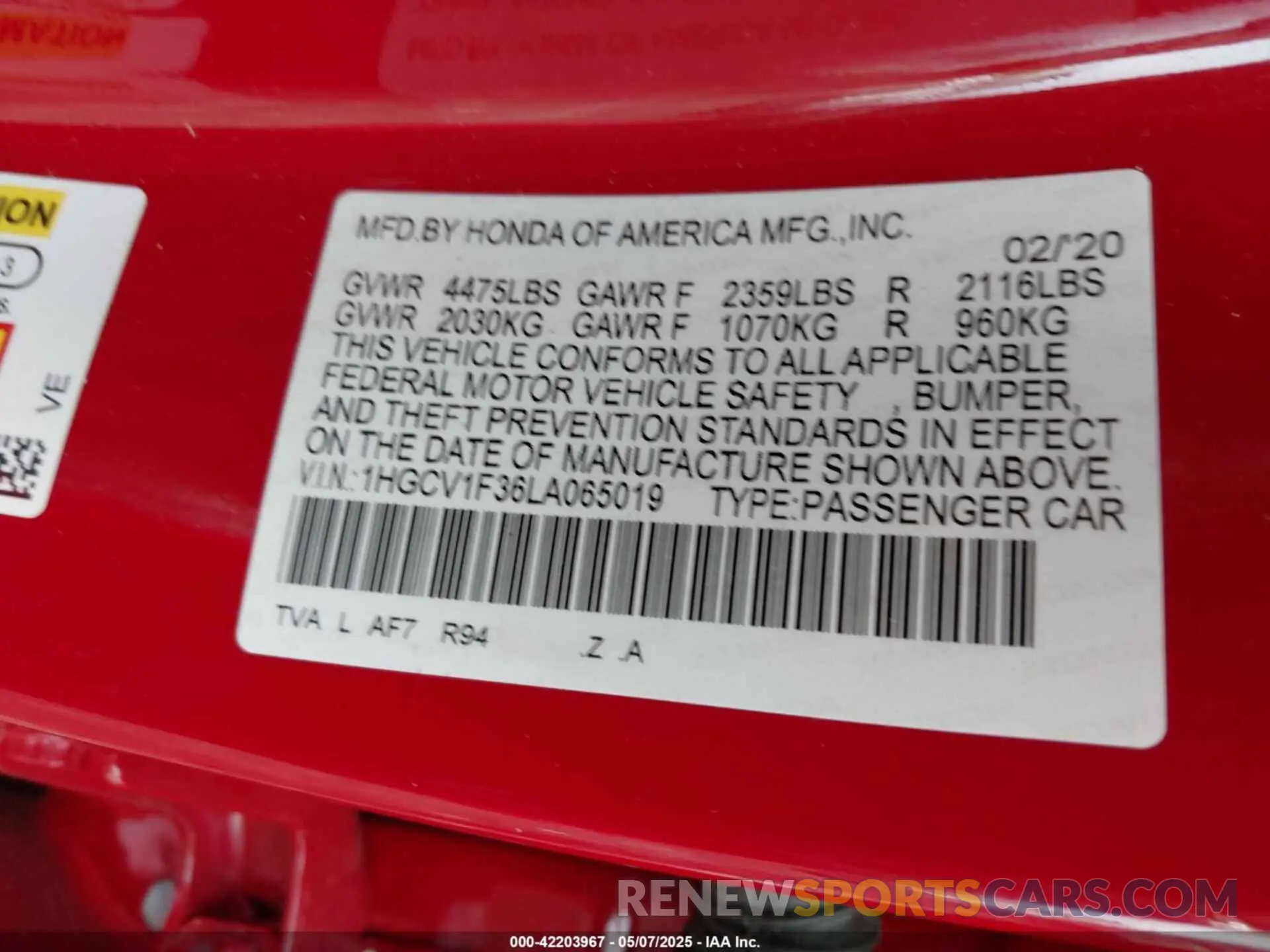 9 fotografías del automóvil dañado 1HGCV1F36LA065019 HONDA ACCORD 2020