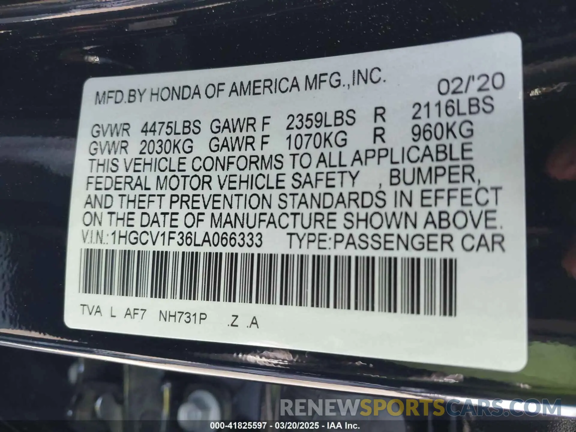 9 fotografías del automóvil dañado 1HGCV1F36LA066333 HONDA ACCORD 2020