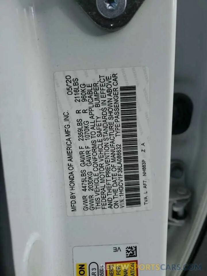 13 fotografías del automóvil dañado 1HGCV1F36LA086632 HONDA ACCORD 2020