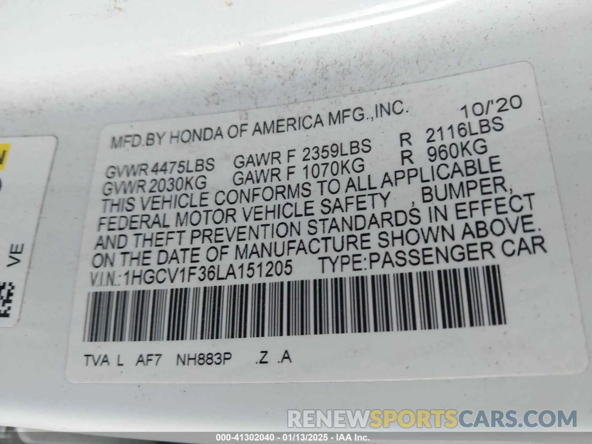 9 fotografías del automóvil dañado 1HGCV1F36LA151205 HONDA ACCORD 2020