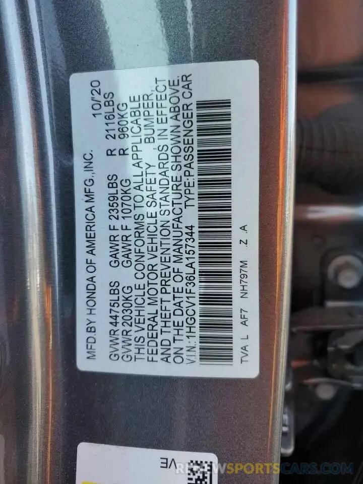 13 fotografías del automóvil dañado 1HGCV1F36LA157344 HONDA ACCORD 2020