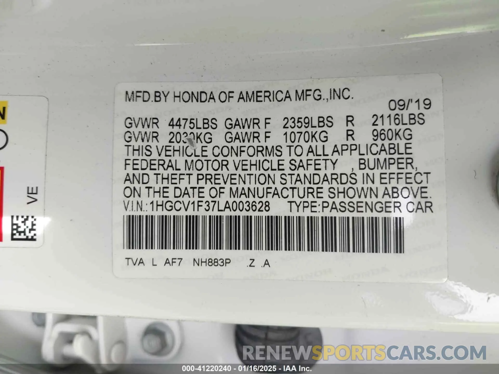 9 fotografías del automóvil dañado 1HGCV1F37LA003628 HONDA ACCORD 2020