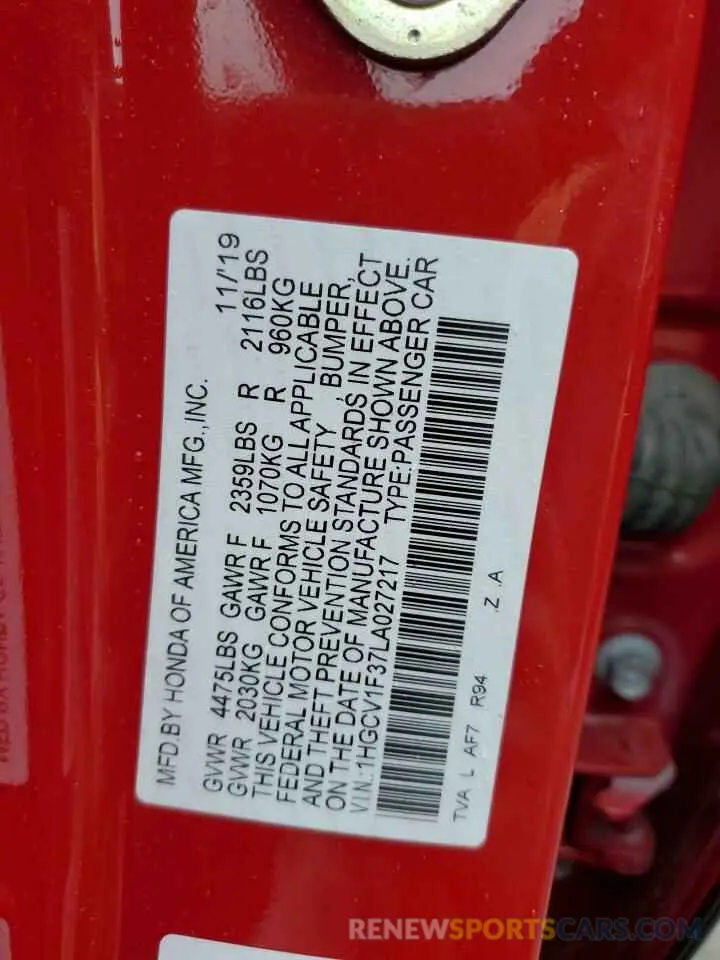 12 fotografías del automóvil dañado 1HGCV1F37LA027217 HONDA ACCORD 2020