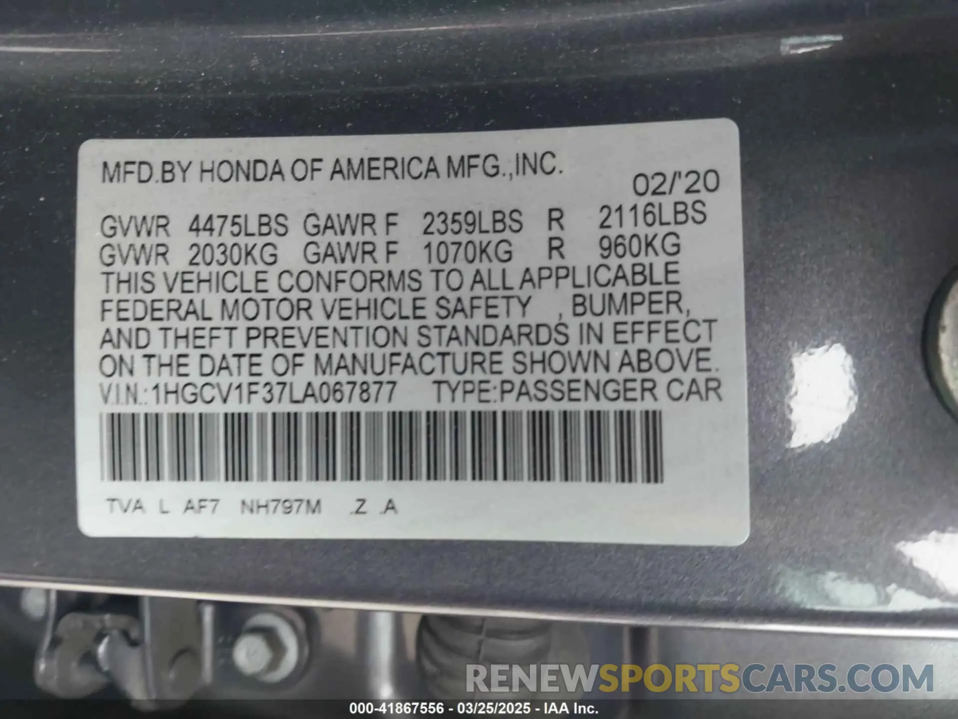 9 fotografías del automóvil dañado 1HGCV1F37LA067877 HONDA ACCORD 2020