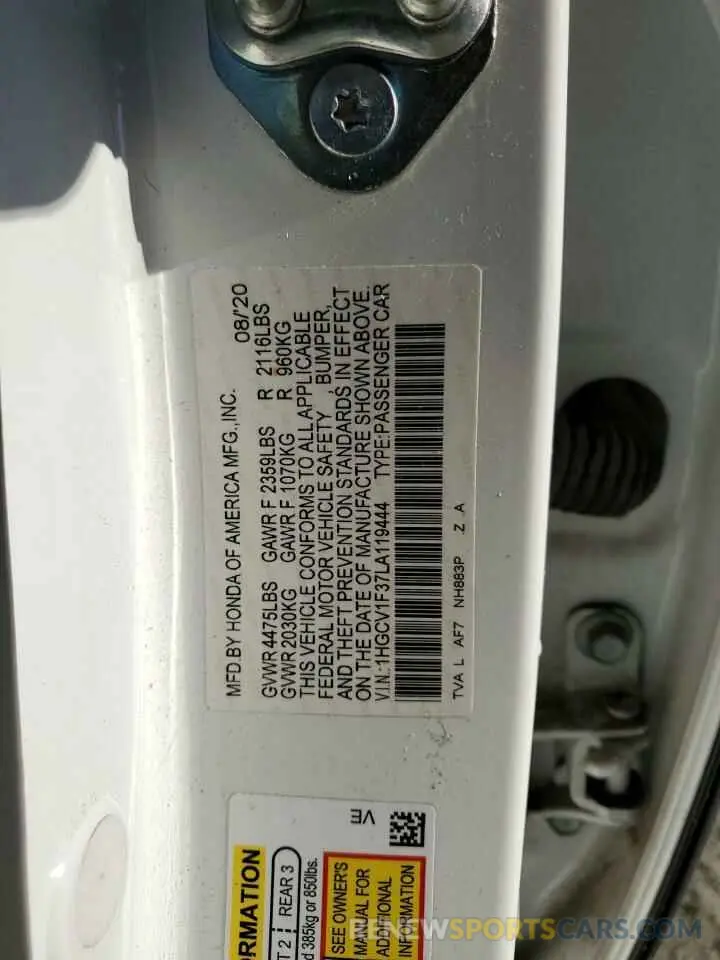 12 fotografías del automóvil dañado 1HGCV1F37LA119444 HONDA ACCORD 2020