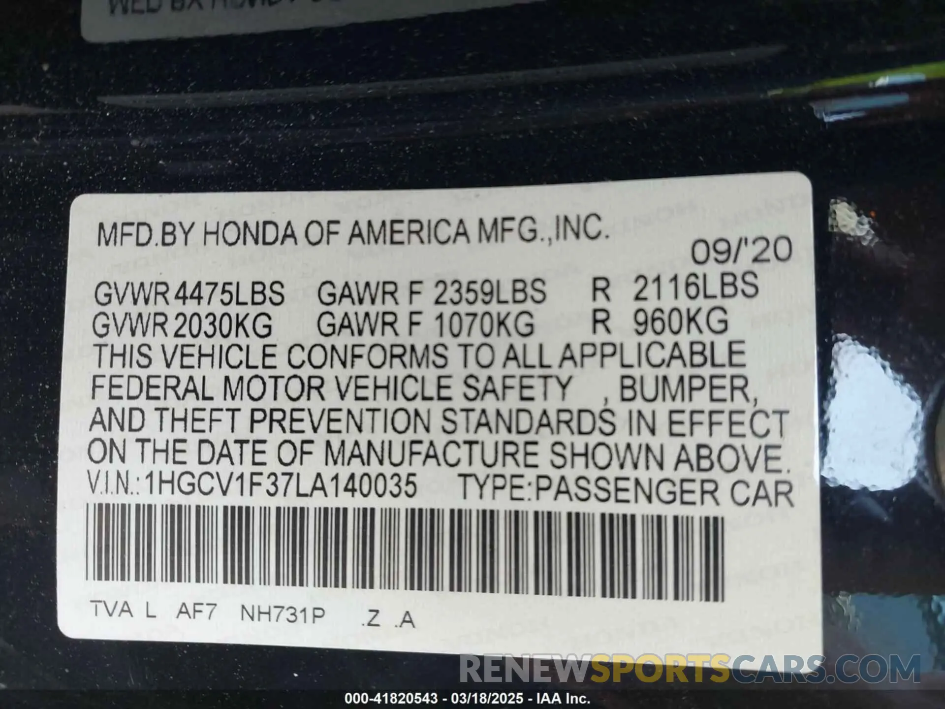 9 fotografías del automóvil dañado 1HGCV1F37LA140035 HONDA ACCORD 2020