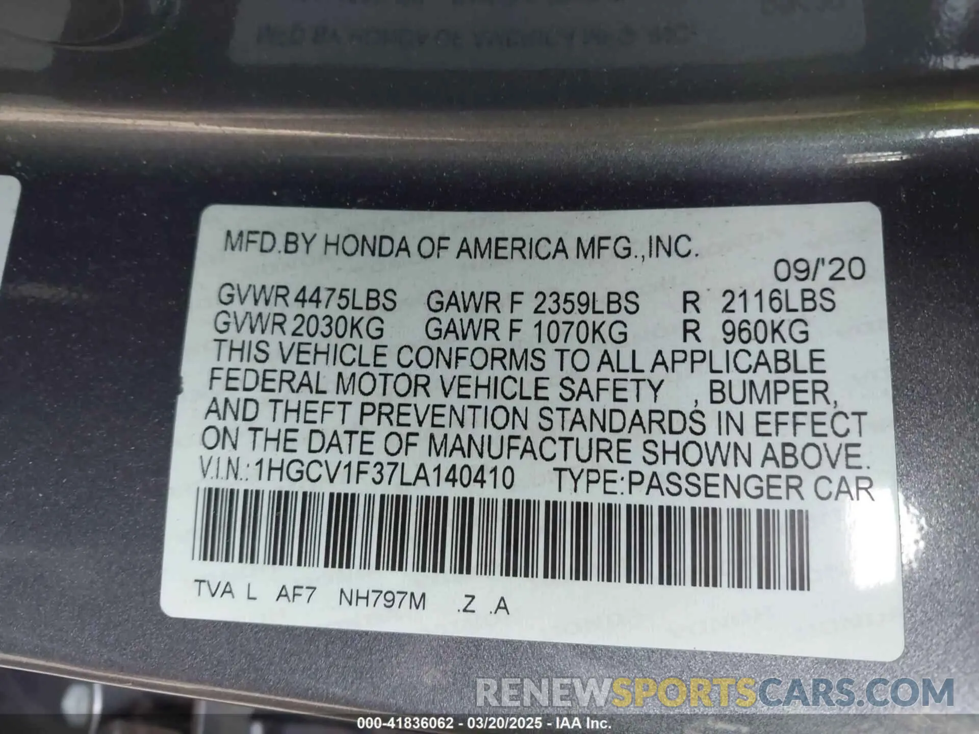 9 fotografías del automóvil dañado 1HGCV1F37LA140410 HONDA ACCORD 2020