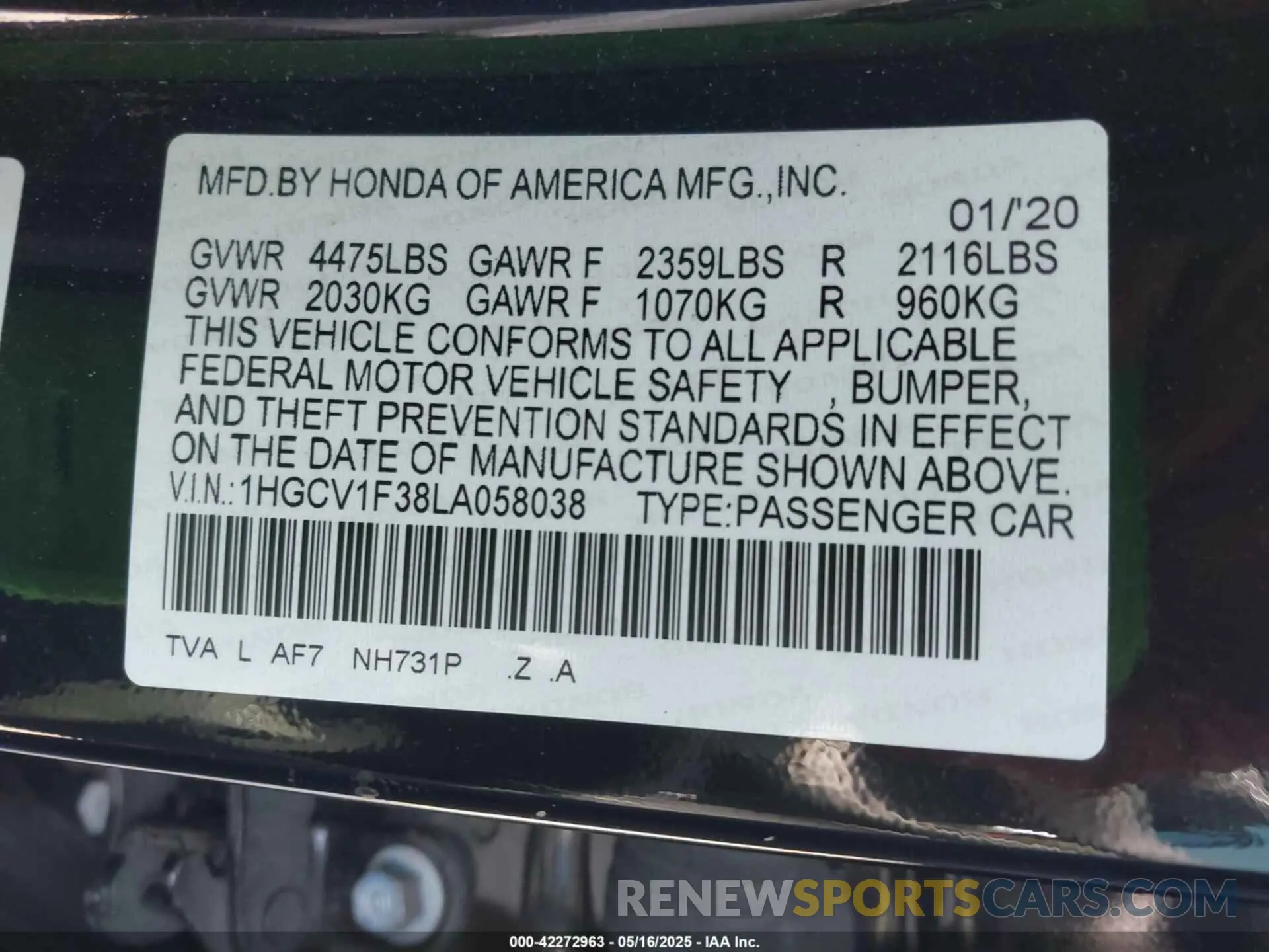 9 fotografías del automóvil dañado 1HGCV1F38LA058038 HONDA ACCORD 2020