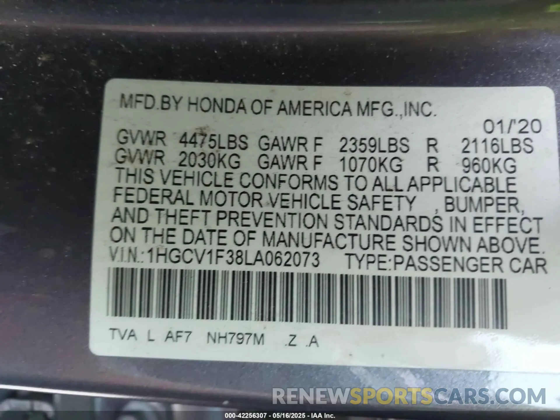 9 fotografías del automóvil dañado 1HGCV1F38LA062073 HONDA ACCORD 2020