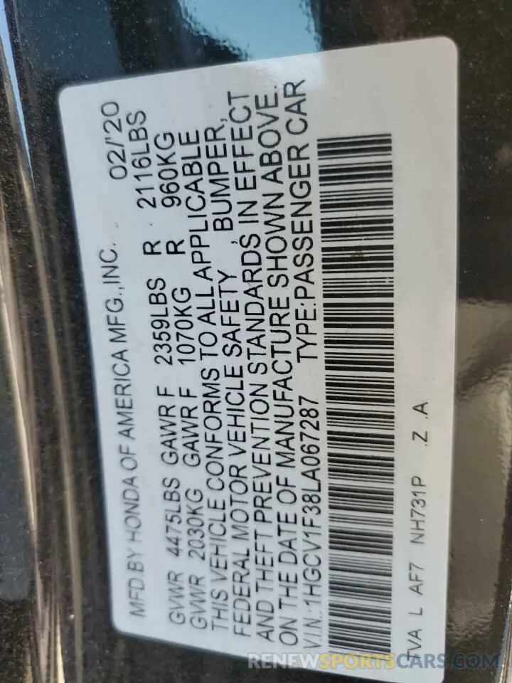 13 fotografías del automóvil dañado 1HGCV1F38LA067287 HONDA ACCORD 2020