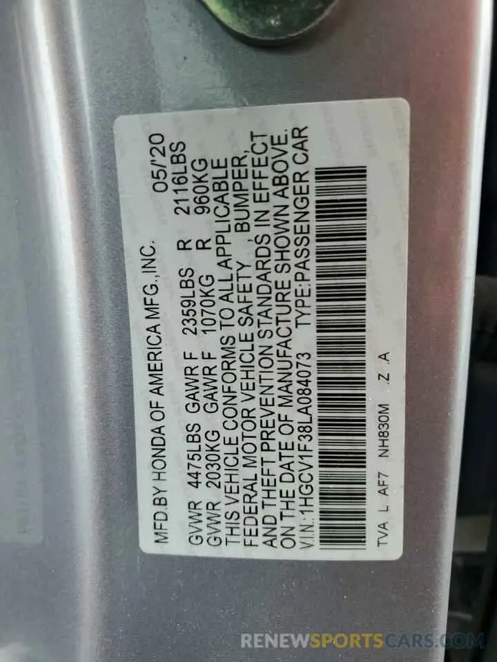 13 fotografías del automóvil dañado 1HGCV1F38LA084073 HONDA ACCORD 2020