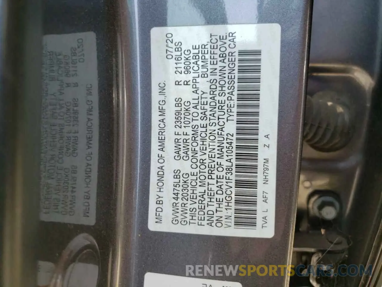 13 fotografías del automóvil dañado 1HGCV1F38LA105472 HONDA ACCORD 2020