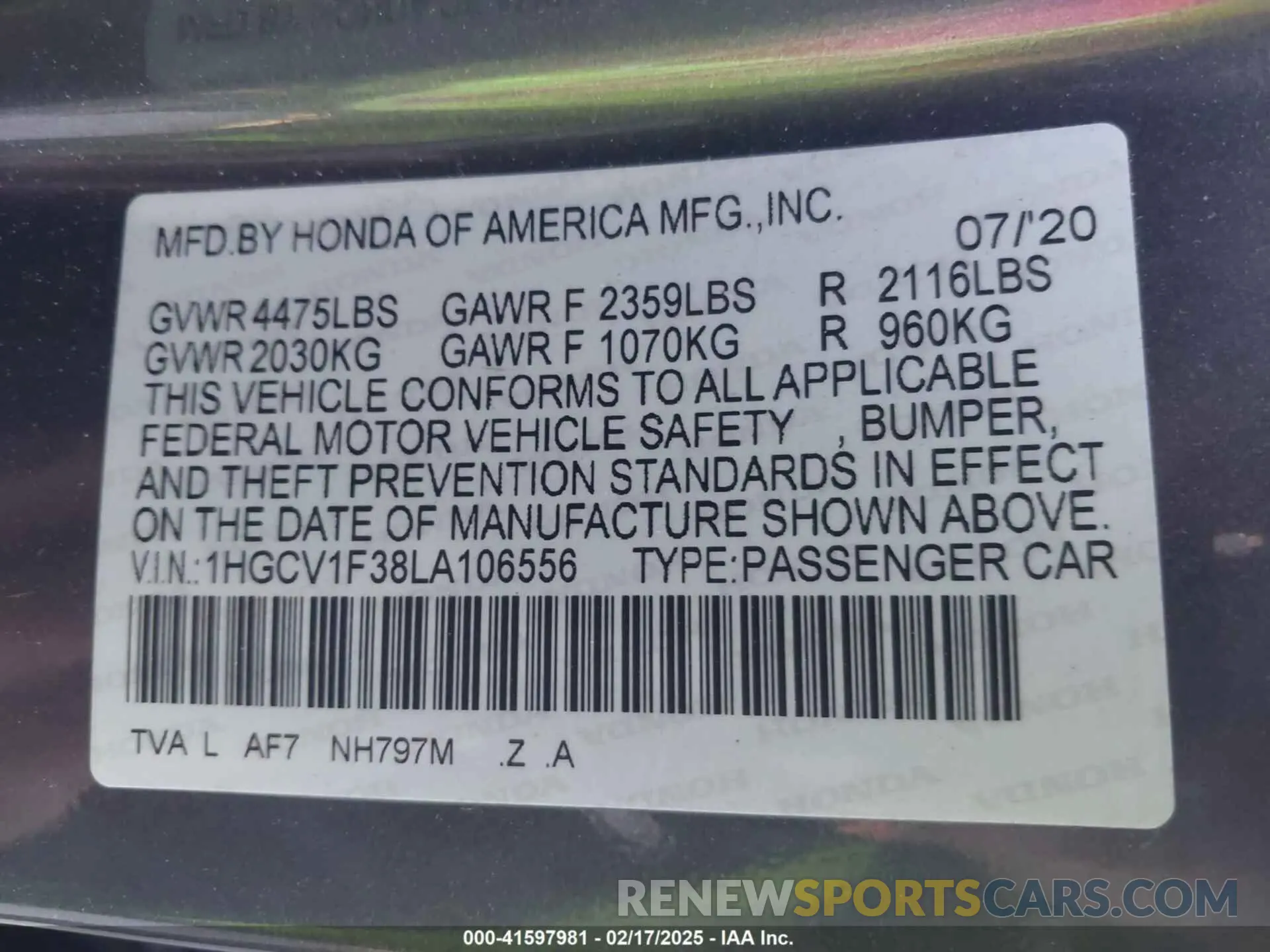 9 fotografías del automóvil dañado 1HGCV1F38LA106556 HONDA ACCORD 2020
