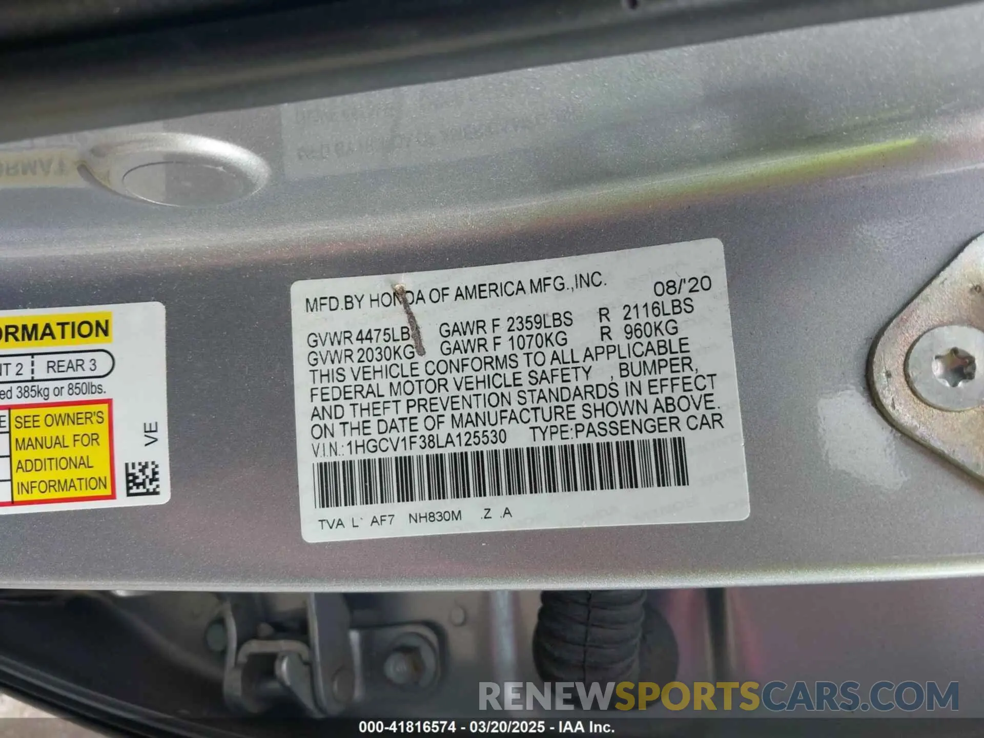 9 fotografías del automóvil dañado 1HGCV1F38LA125530 HONDA ACCORD 2020