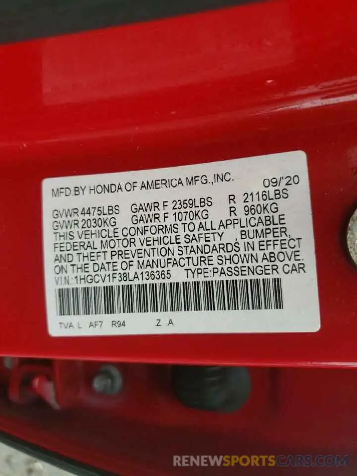 13 fotografías del automóvil dañado 1HGCV1F38LA136365 HONDA ACCORD 2020
