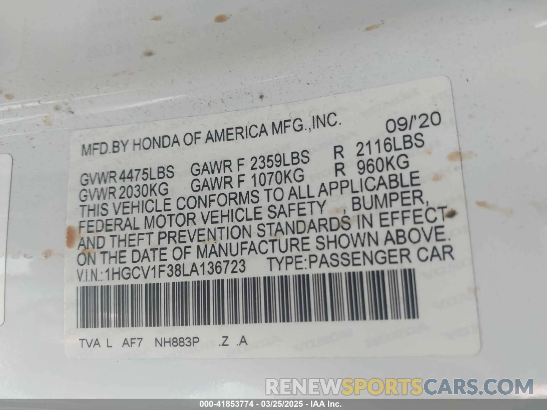 9 fotografías del automóvil dañado 1HGCV1F38LA136723 HONDA ACCORD 2020
