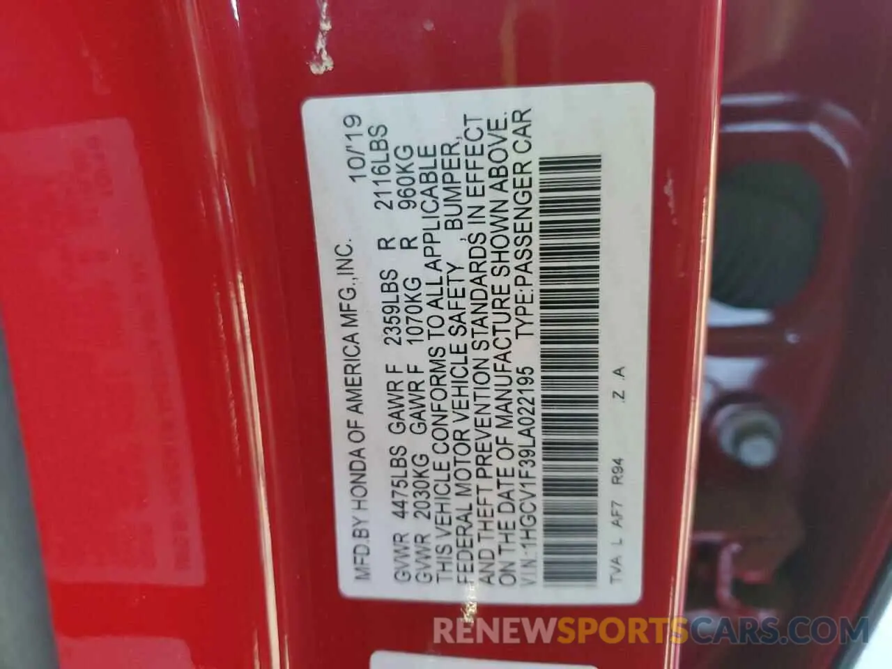 12 fotografías del automóvil dañado 1HGCV1F39LA022195 HONDA ACCORD 2020