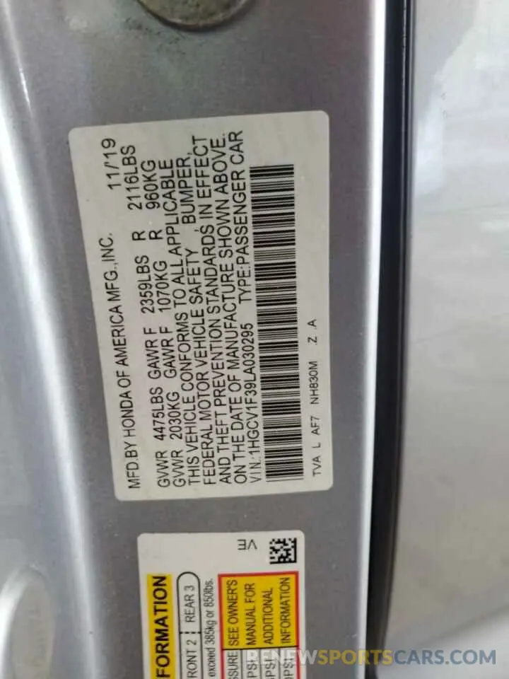 12 fotografías del automóvil dañado 1HGCV1F39LA030295 HONDA ACCORD 2020