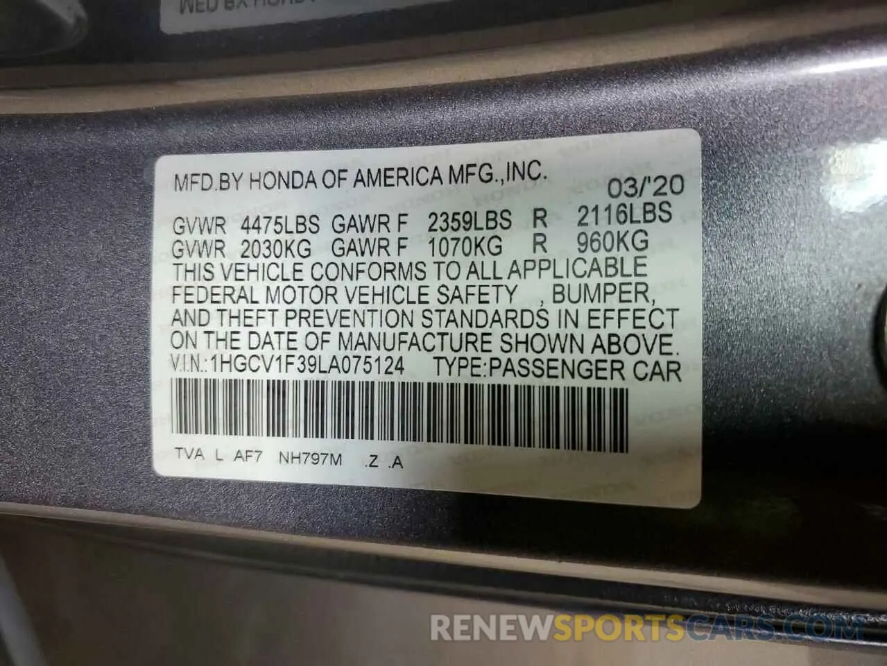 13 fotografías del automóvil dañado 1HGCV1F39LA075124 HONDA ACCORD 2020