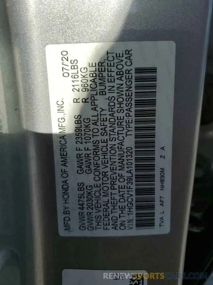 13 fotografías del automóvil dañado 1HGCV1F39LA101320 HONDA ACCORD 2020