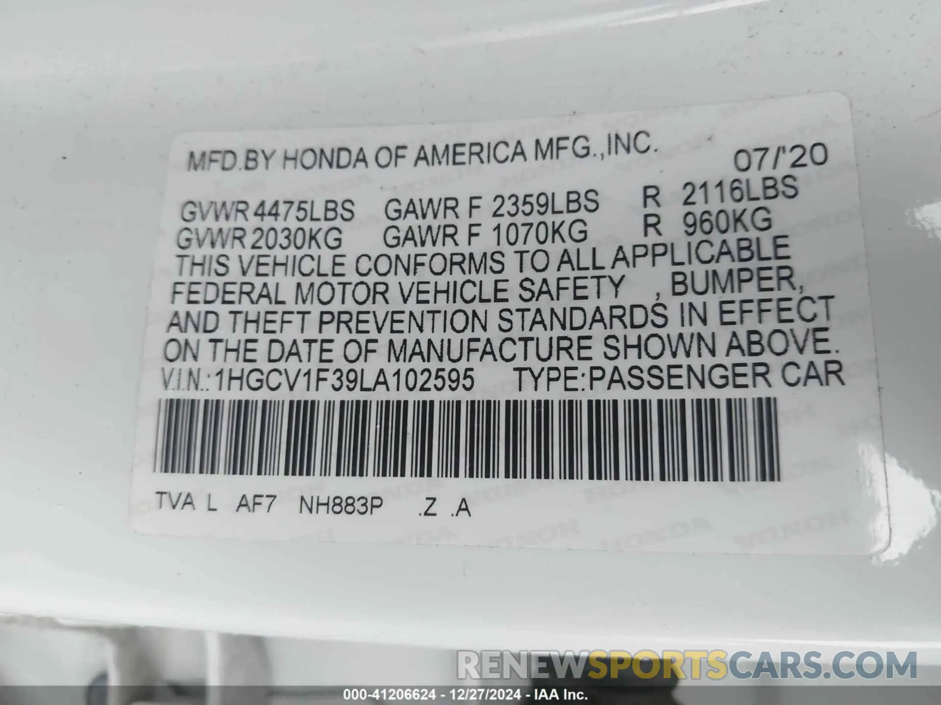 9 fotografías del automóvil dañado 1HGCV1F39LA102595 HONDA ACCORD 2020