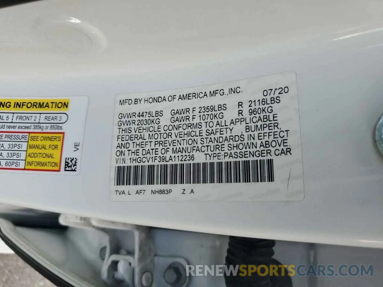 12 fotografías del automóvil dañado 1HGCV1F39LA112236 HONDA ACCORD 2020