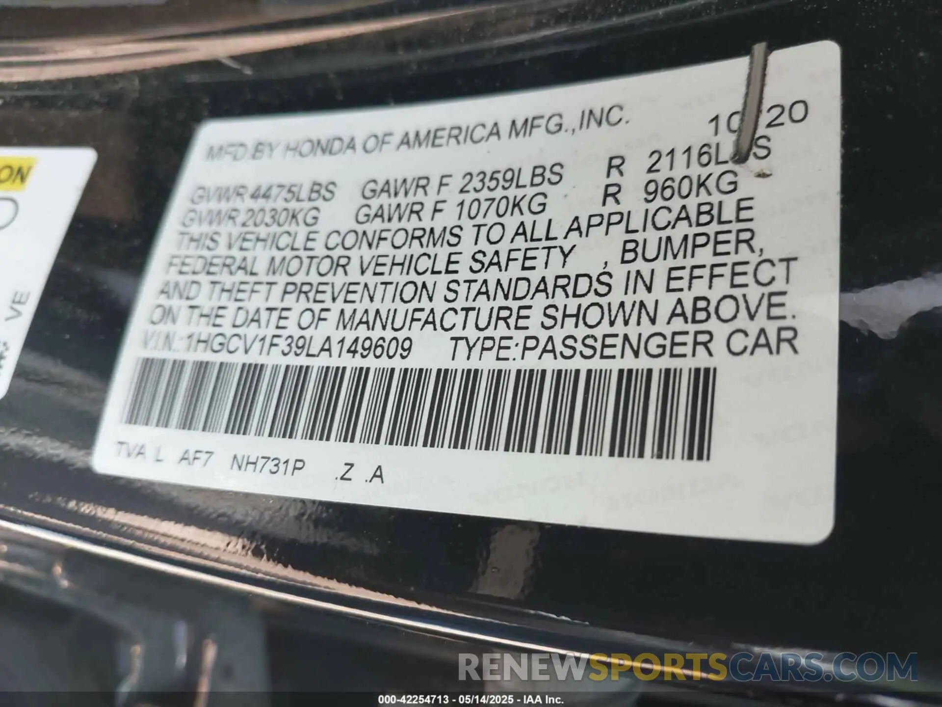 9 fotografías del automóvil dañado 1HGCV1F39LA149609 HONDA ACCORD 2020