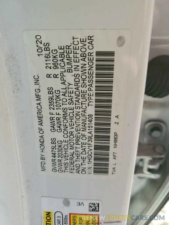12 fotografías del automóvil dañado 1HGCV1F39LA151408 HONDA ACCORD 2020